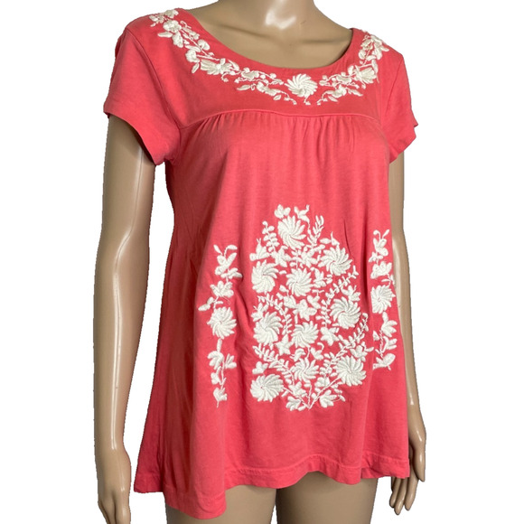 Women's Small Garnet Hill Orange Floral Embroidered Cotton Blend T-Shirt - Picture 2 of 5